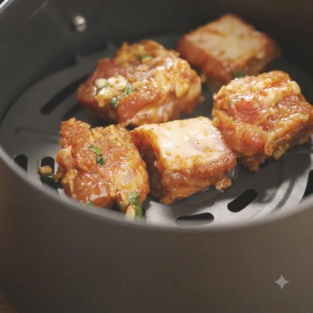 Varias piezas de costillas de cerdo sazonadas dispuestas dentro de una cesta de freidora de aire listas para rociar aceite.