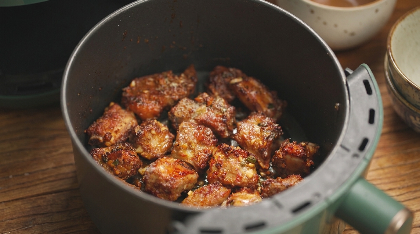 Costillas de cerdo al ajillo y pimienta doradas y crujientes recién salidas de la cesta de la freidora de aire, adornadas con ajo picado y hierbas.