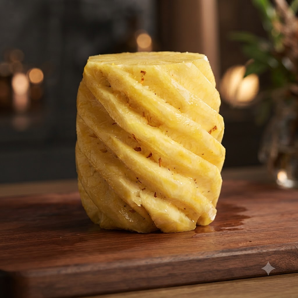 Una piña pelada colocada en posición vertical sobre una tabla de cortar de madera, a punto de ser cortada.