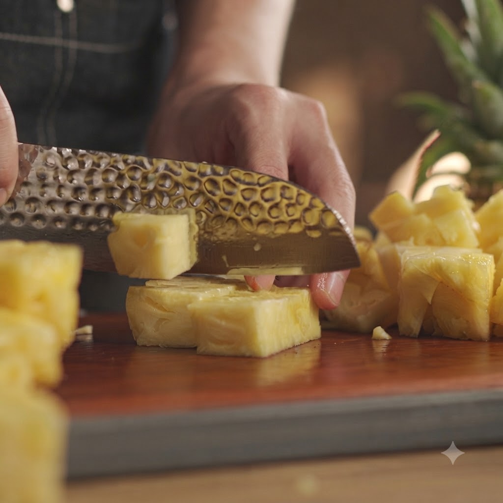 Trozos de piña siendo cortados en una tabla de madera con un cuchillo de chef.