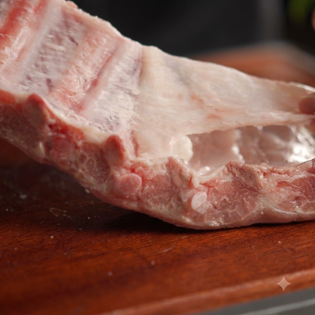 Primer plano de una mano pelando la membrana translúcida de la parte posterior de las costillas de cerdo crudas.