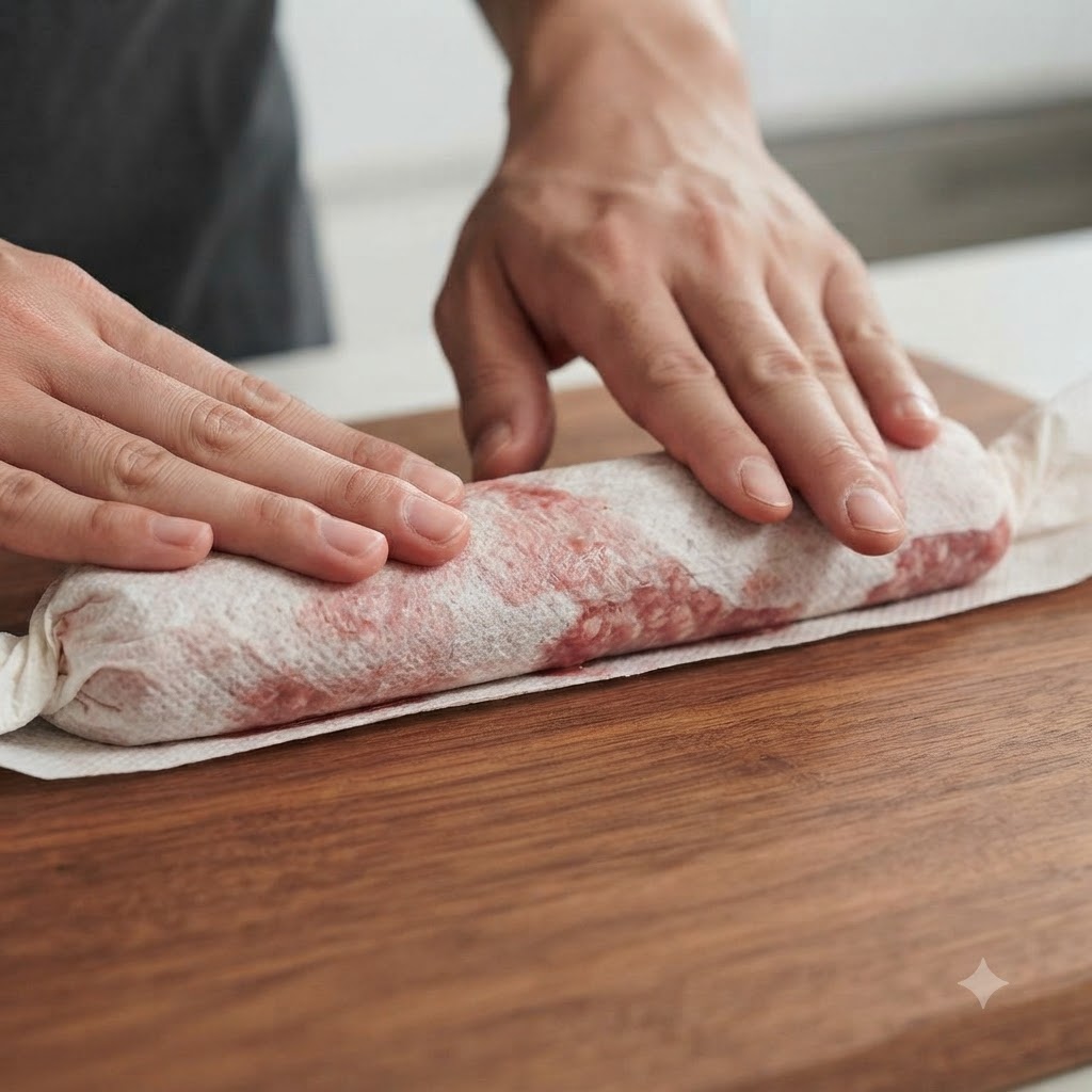 Manos presionando toallas de papel sobre un costillar de cerdo crudo en una tabla de madera.