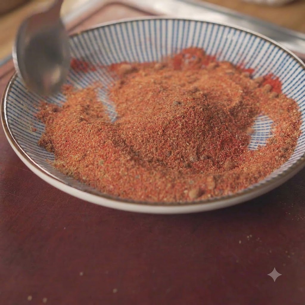 Un plato lleno de una mezcla de especias rojas y marrones siendo revuelto con una cuchara.