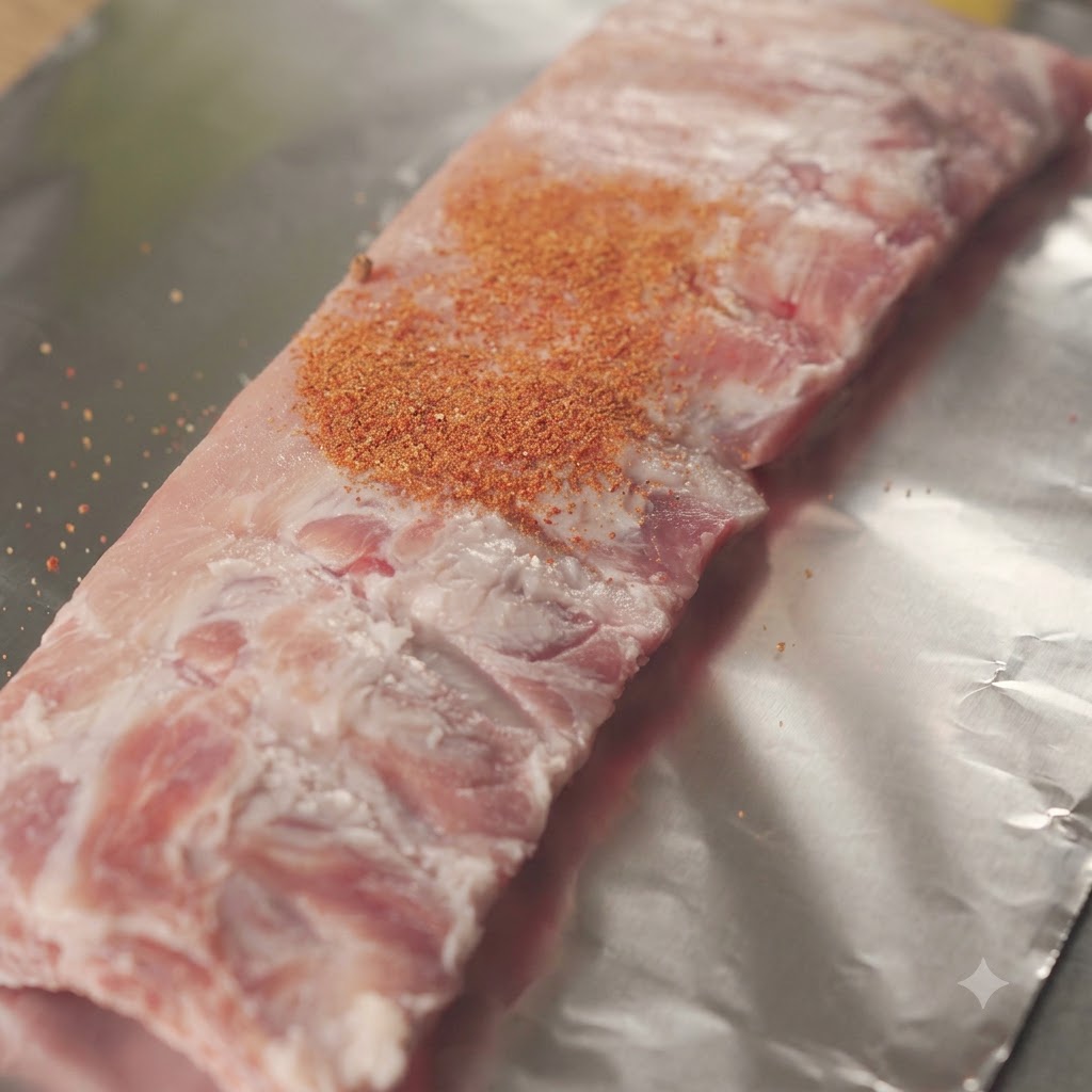 Un costillar crudo dispuesto sobre papel de aluminio con un montón de condimento rojo espolvoreado encima.