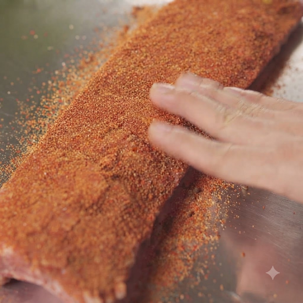 Una mano frotando una mezcla de condimento seco en la superficie de un costillar de cerdo crudo.