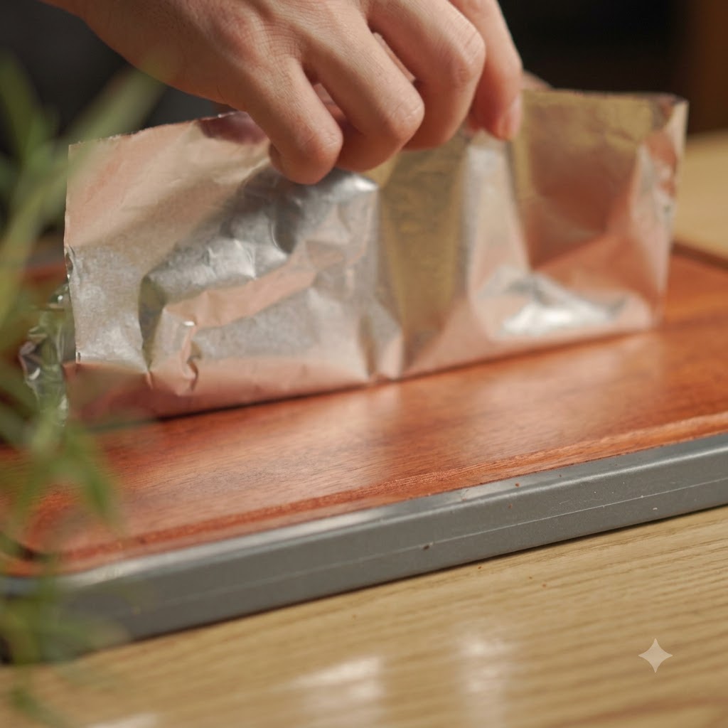 Costillas de cerdo y piña completamente encerradas y envueltas firmemente en papel de aluminio.