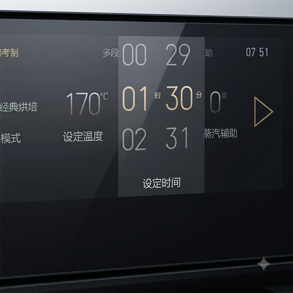 Panel de control del horno que muestra una configuración de temperatura de 170 grados centígrados y una duración de 1 hora y 30 minutos.