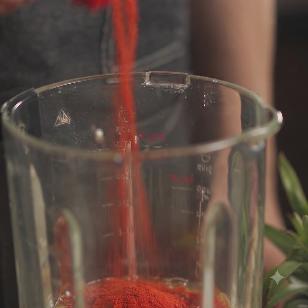 Pimienta roja en polvo y agua siendo vertidas en el recipiente de la licuadora.