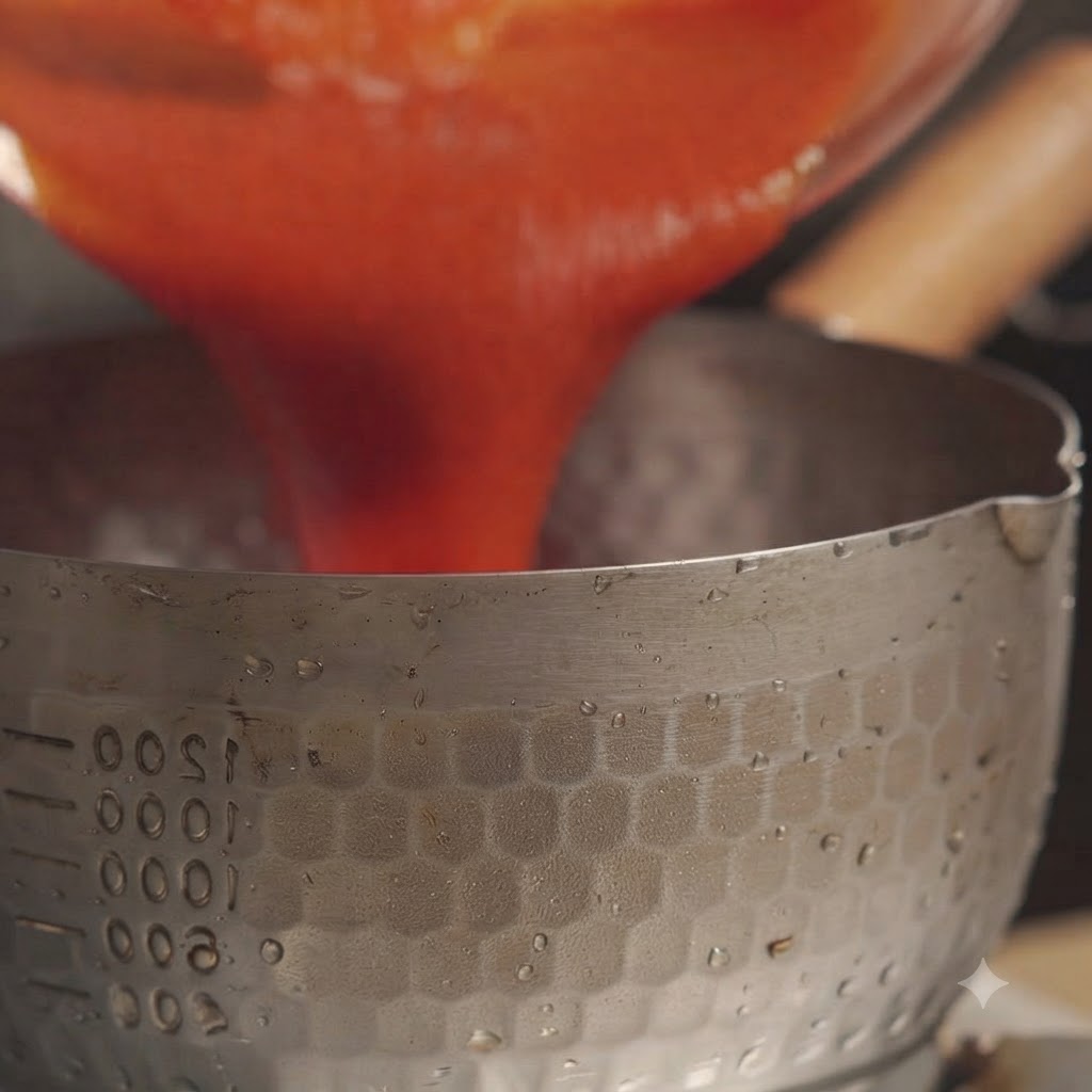 Salsa de piña licuada siendo vertida de un recipiente de vidrio a una olla de metal.