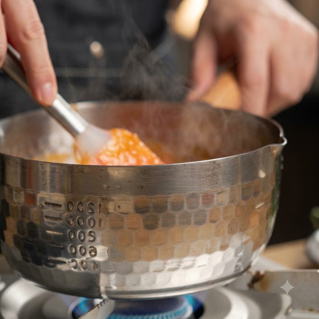 Salsa de piña siendo revuelta en una olla en la estufa mientras se cocina.