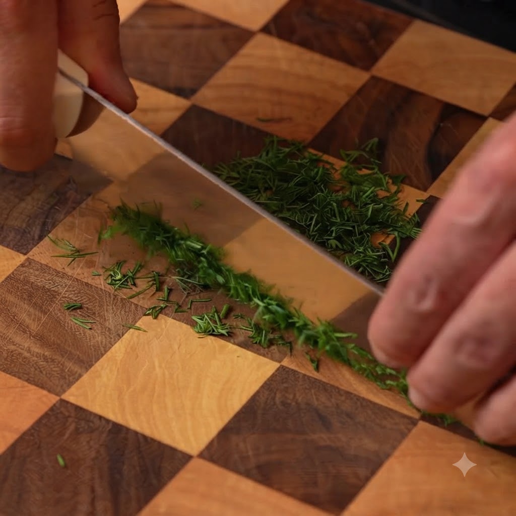 Eneldo fresco siendo picado finamente con un cuchillo sobre una tabla de cortar de madera.