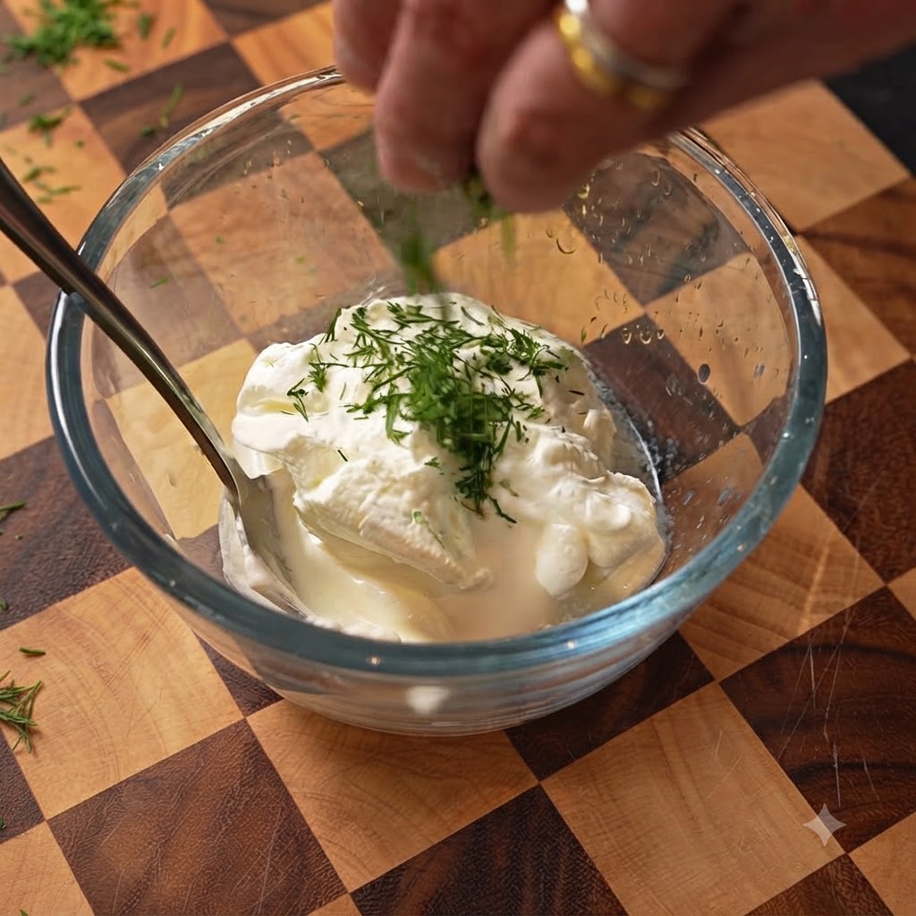 Eneldo fresco picado siendo añadido a la crema agria en un tazón de vidrio para mezclar.