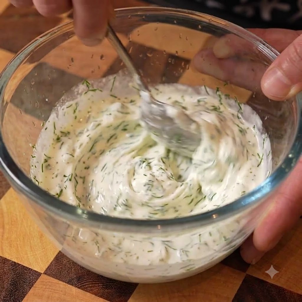 Crema agria, jugo de limón, eneldo y condimentos siendo mezclados en un tazón con una cuchara.