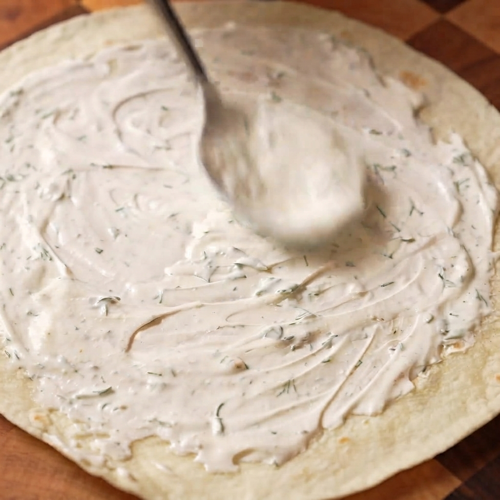 Salsa de crema agria con eneldo siendo extendida uniformemente sobre un wrap de trigo con una cuchara.