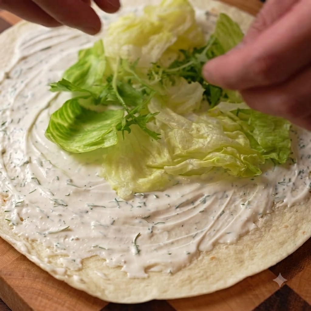 Hojas verdes de ensalada frescas siendo colocadas sobre la crema en un wrap de trigo.