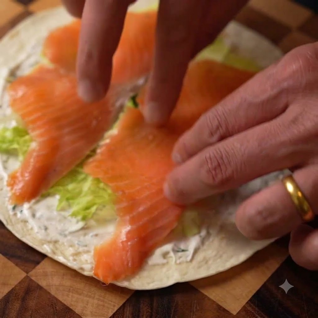 Rodajas de salmón ahumado siendo organizadas encima de las hojas verdes de ensalada.