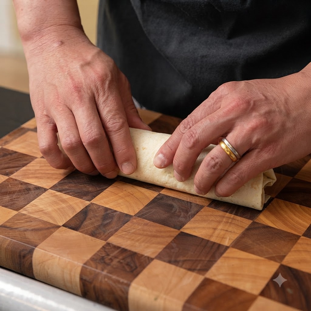 Un wrap de trigo siendo enrollado firmemente en una tabla de cortar de madera para encerrar el relleno.