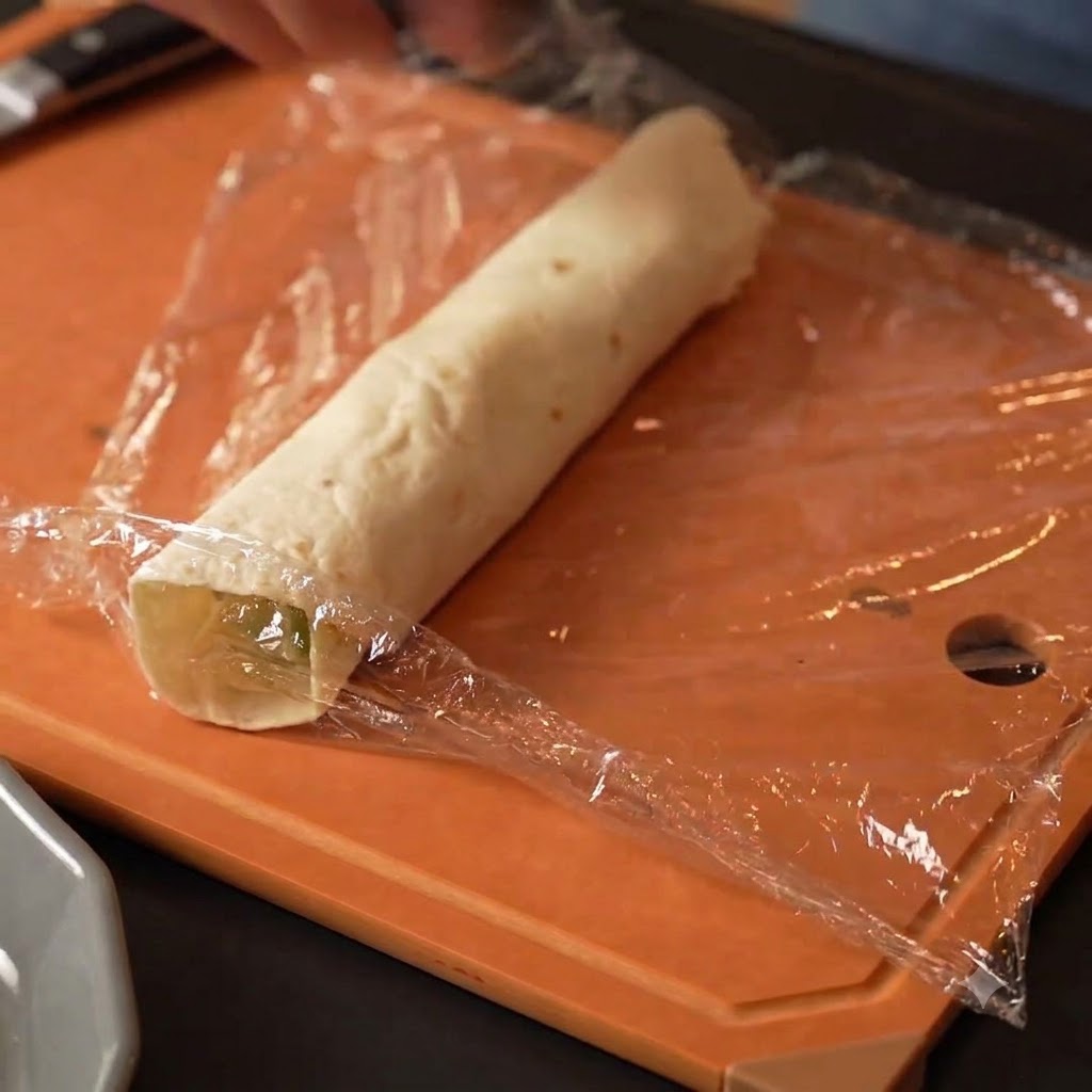 Un wrap de trigo enrollado siendo envuelto de manera segura en film plástico sobre una tabla de cortar naranja.