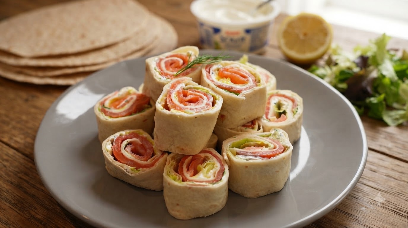 Wraps de Ensalada de Salmón Ahumado (Pinwheels de Crema de Eneldo)