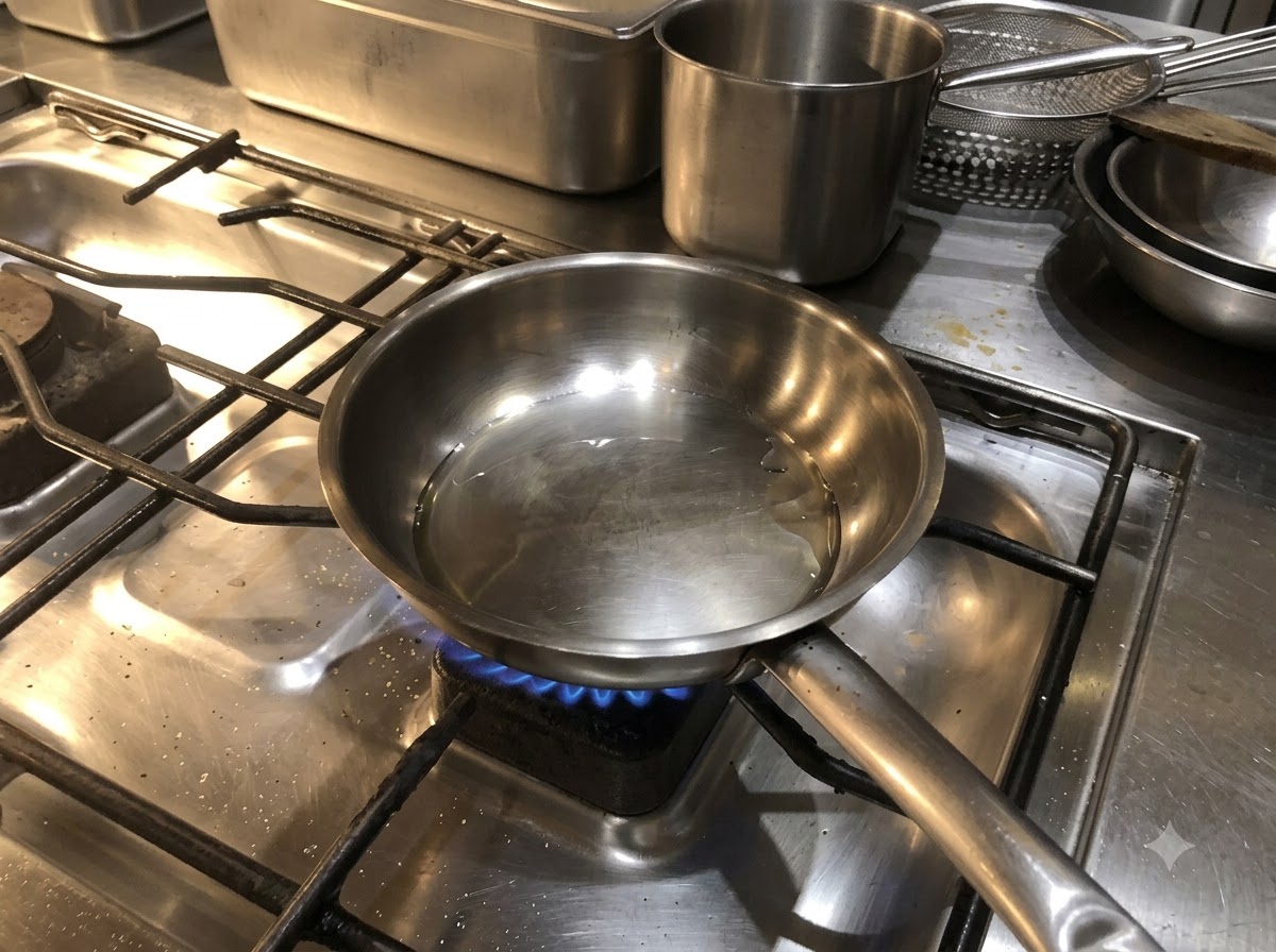 Rodajas de cebolla siendo añadidas a una sartén de acero inoxidable que se calienta en una estufa de gas.
