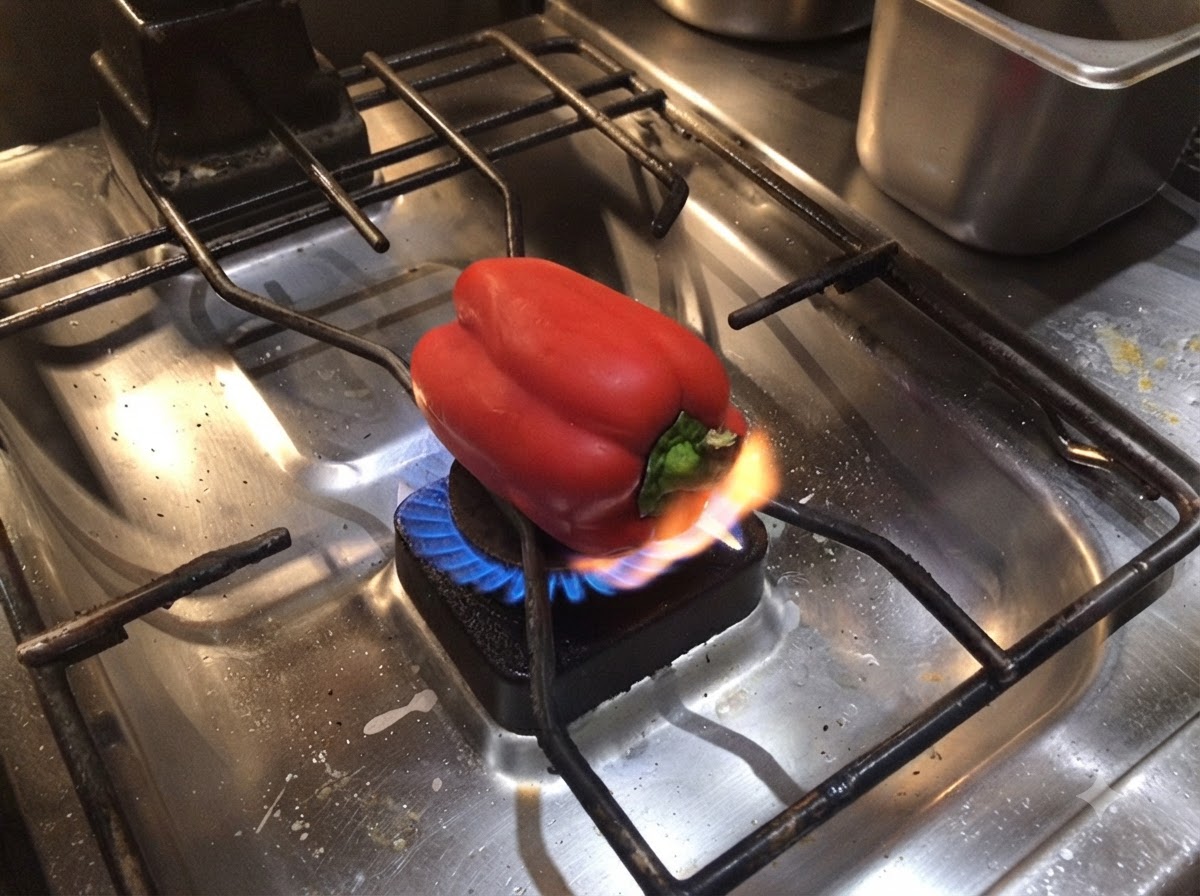 Un pimiento rojo reposando sobre el quemador de una estufa de gas con llama abierta dorando su base.