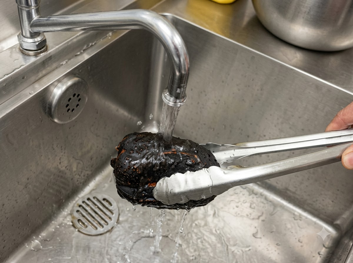 Un pimiento asado ennegrecido sujeto con pinzas bajo el grifo del fregadero con agua corriente.