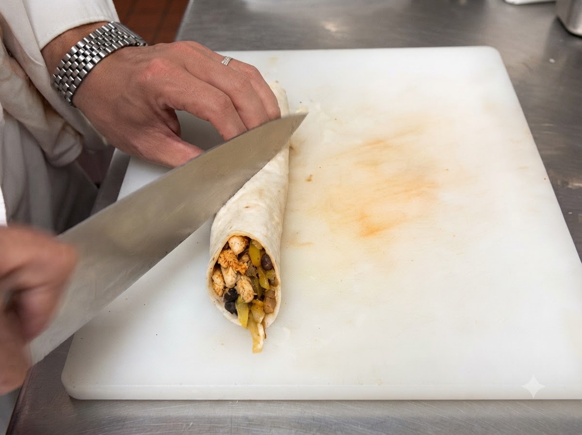 Mayonesa siendo aplicada sobre una tortilla plana extendida en una tabla de cortar blanca.