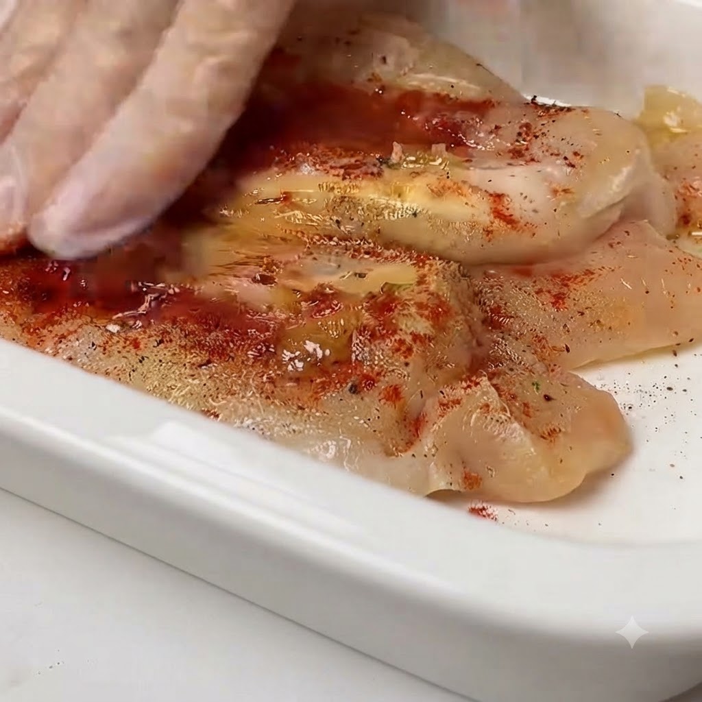 Aceite de oliva siendo vertido sobre las pechugas de pollo sazonadas en un plato blanco.
