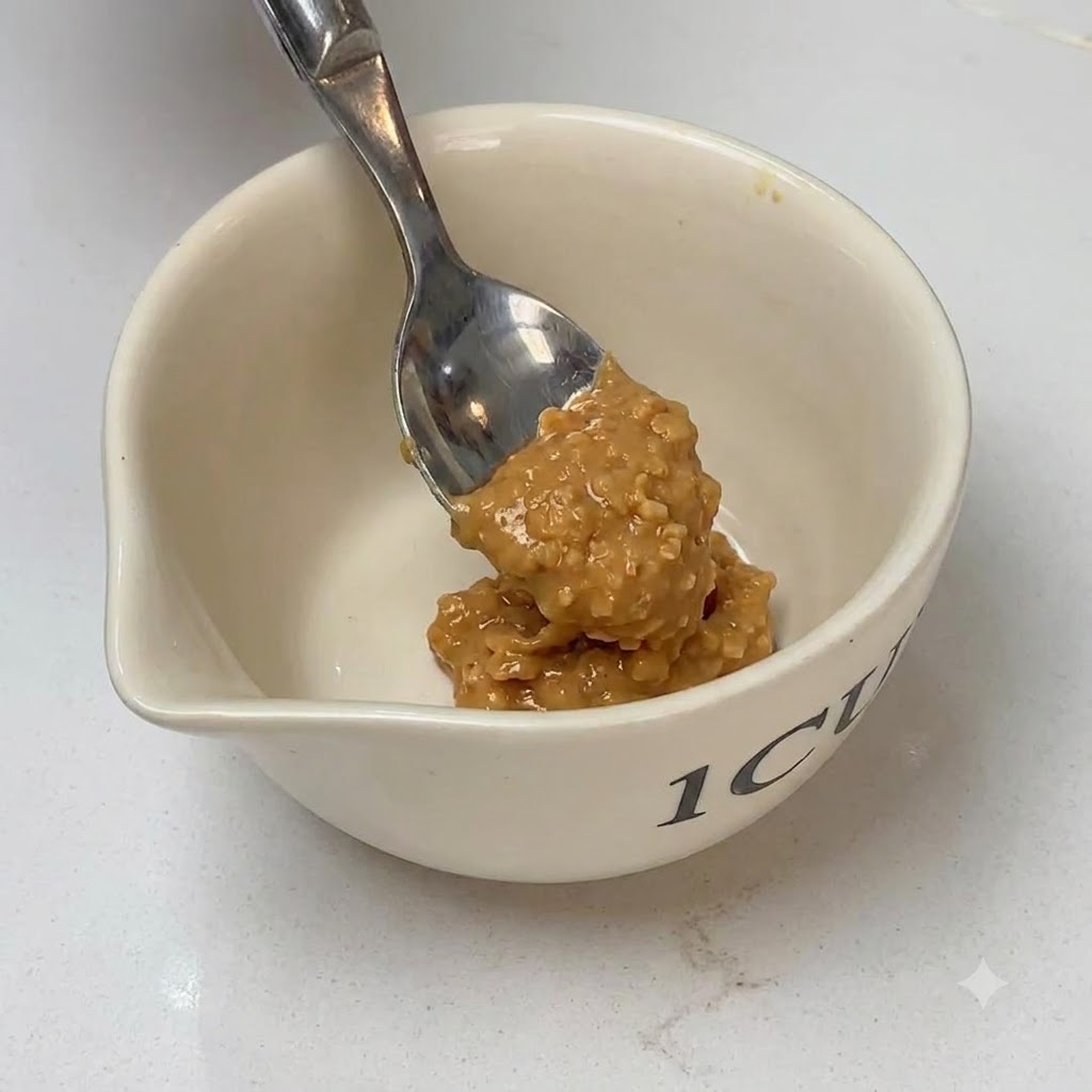 Mantequilla de maní crujiente mezclándose con miel, aceite de chile y agua en un tazón pequeño.