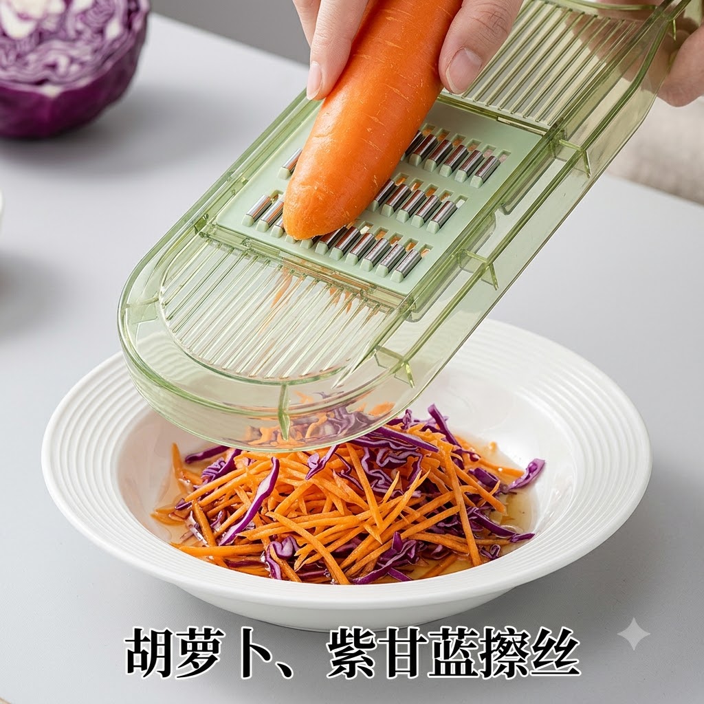 Zanahorias y repollo morado siendo rallados en un tazón blanco.
