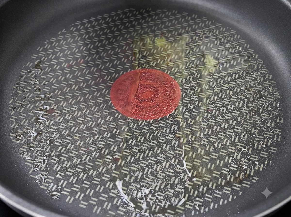 Una sartén caliente con aceite preparada para dorar rodajas de pechuga de pollo.