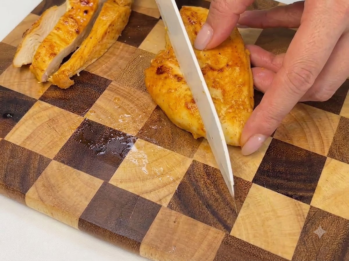 Una pechuga de pollo cocida siendo cortada en trozos sobre una tabla de cortar de madera a cuadros.