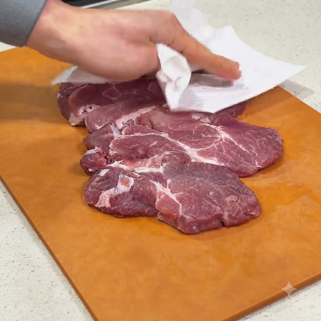 Carne de hombro de cerdo siendo secada sobre una tabla de cortar de madera con toallas de papel.
