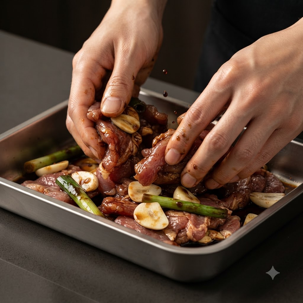 Manos masajeando y cubriendo a fondo las chuletas de cerdo con adobo en una bandeja de metal.