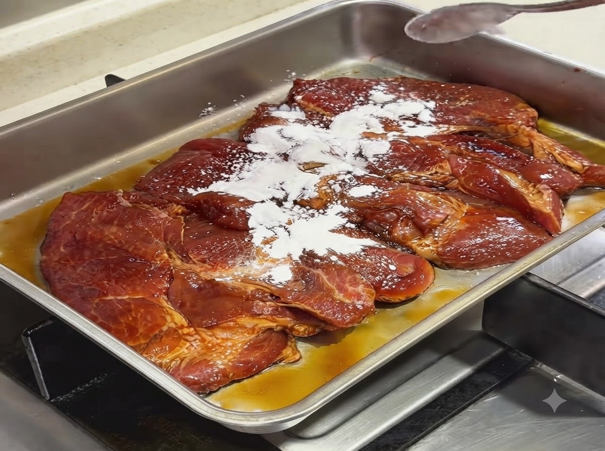 Almidón blanco espolvoreado sobre chuletas de cerdo marinadas en una bandeja de metal.