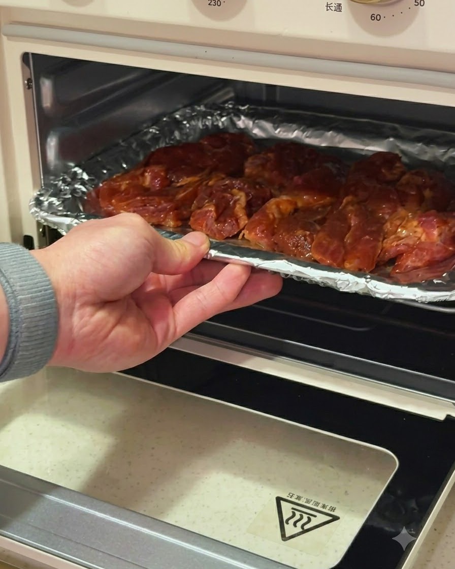 Una mano deslizando una bandeja de horno con chuletas de cerdo hacia una freidora de aire.