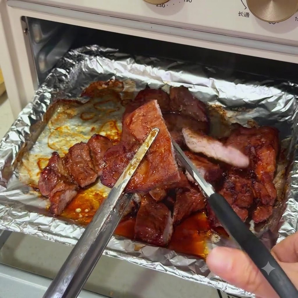 Chuletas de cerdo cocidas siendo cortadas en trozos del tamaño de un bocado con tijeras de cocina, mostrando un centro rosado y jugoso.