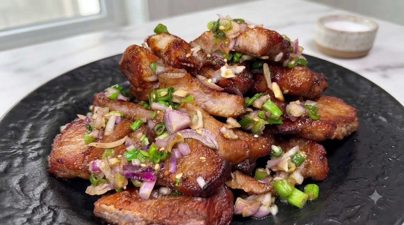 Un plato de crujientes chuletas de cerdo con sal y cebollino de la freidora de aire adornadas con chalotas frescas, cebollinos y semillas de sésamo tostadas