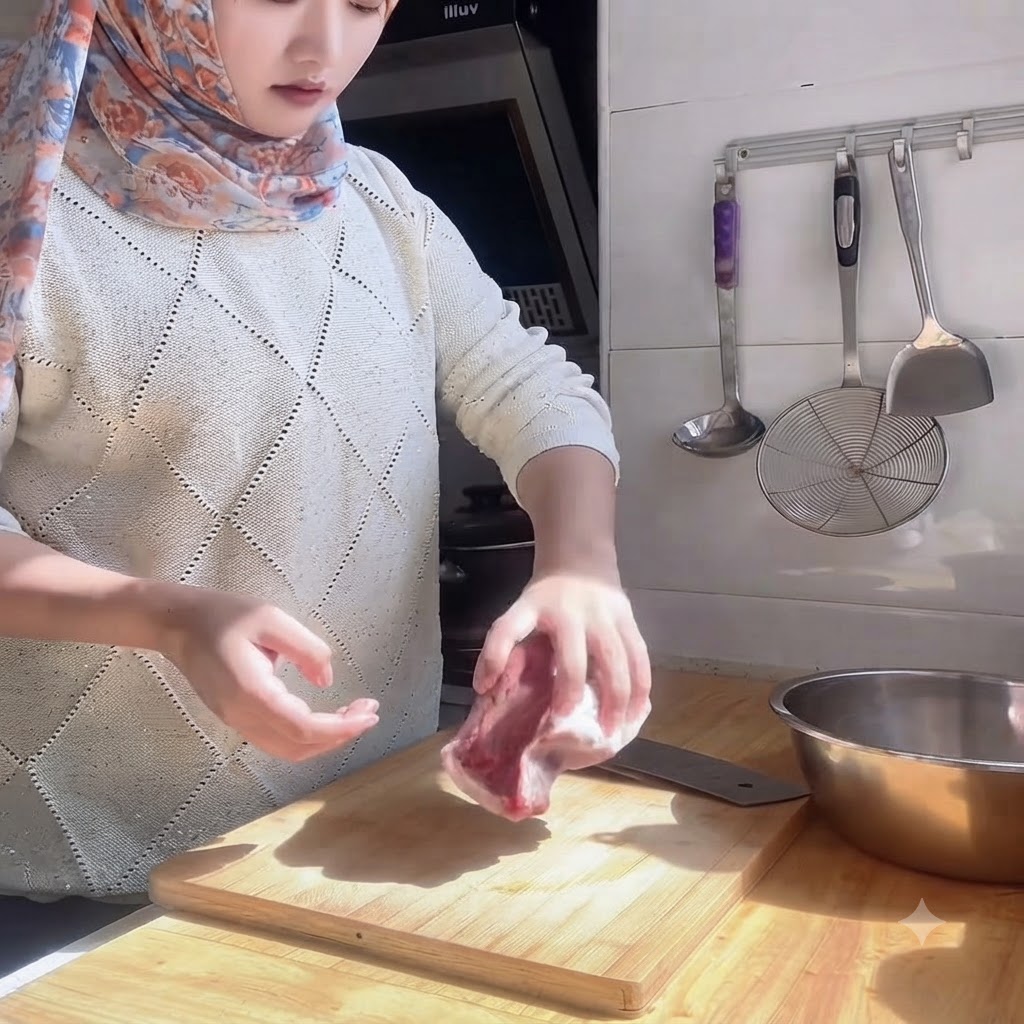 Las manos de una persona usando un cuchillo de cocinero para cortar lomo de ternera crudo en una tabla de cortar de madera.