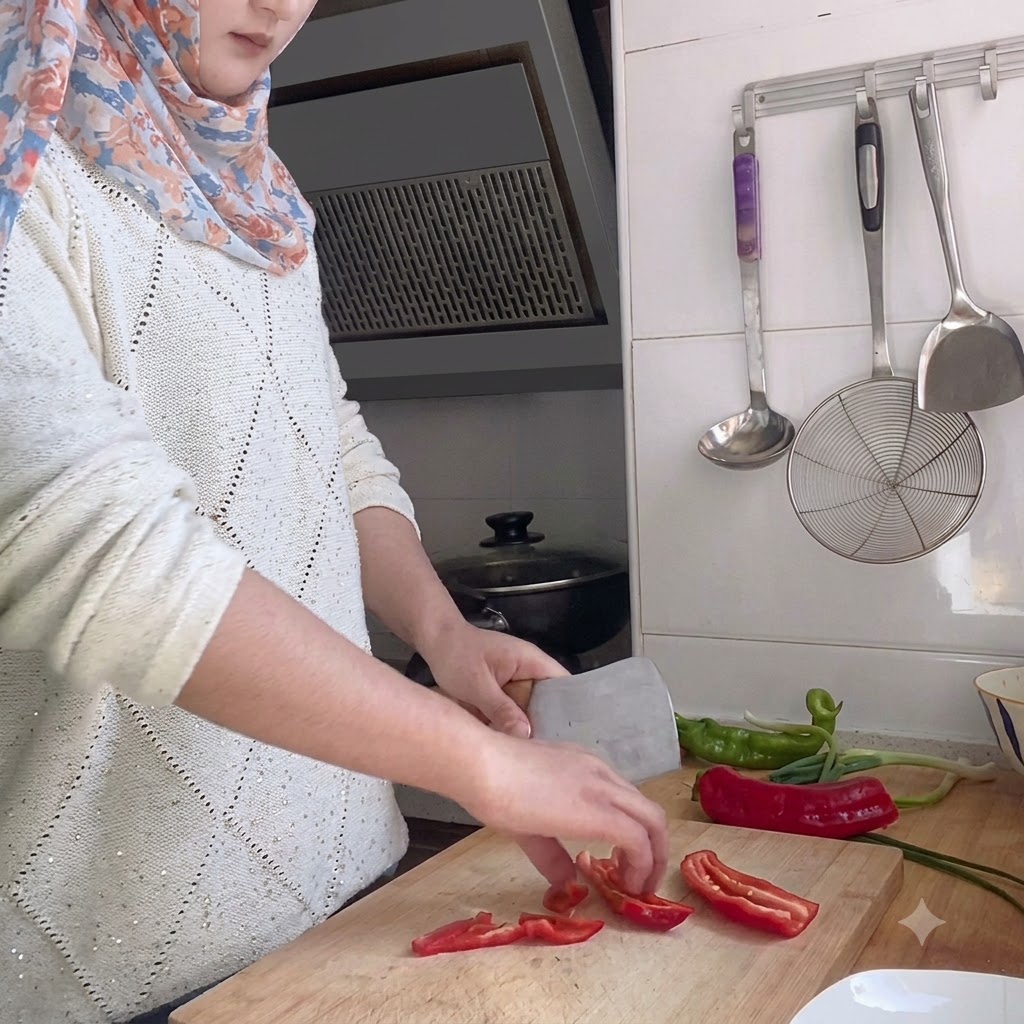 Chiles rojos y verdes siendo picados en pequeños segmentos sobre una tabla de cortar de madera.