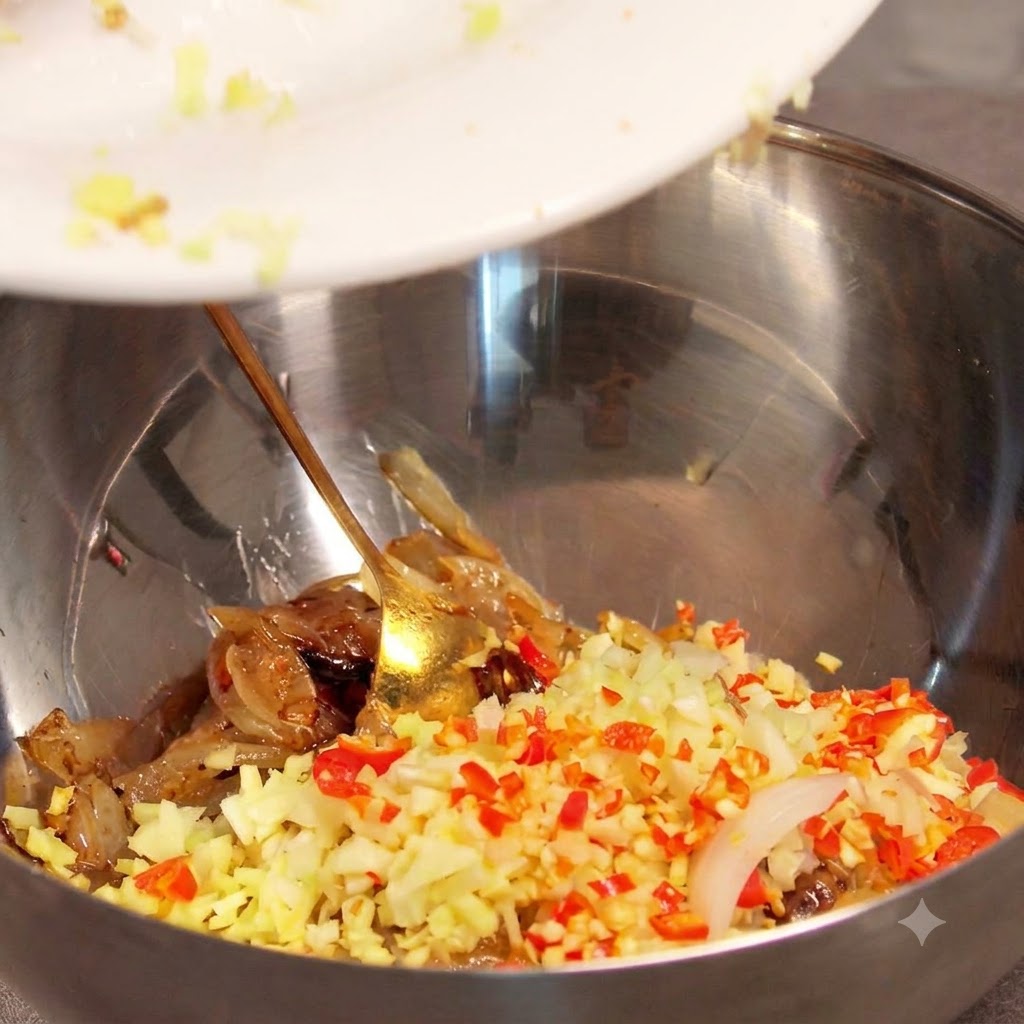 Ajo picado y chiles picados siendo raspados de un plato blanco a un bol de mezcla metálico con cebollas cocinadas.