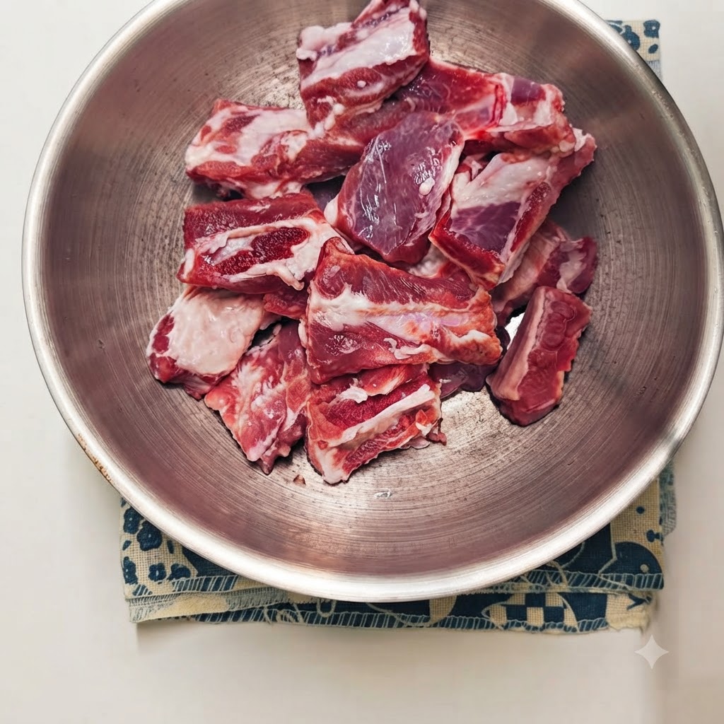 Trozos de costilla de cerdo cruda en un bol con varios condimentos líquidos, en polvo y aromáticos añadidos encima.