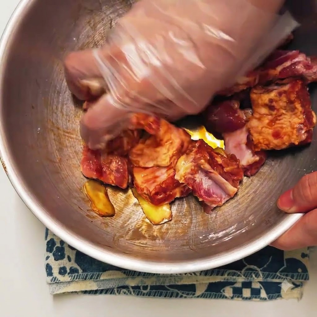 Una mano con guante masajeando y mezclando costillas de cerdo crudas con marinada y rodajas de jengibre dentro de un bol de acero inoxidable.