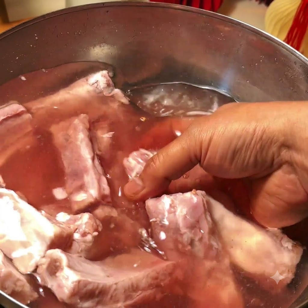 Costillas de cerdo remojándose en una bandeja de metal con agua limpia.