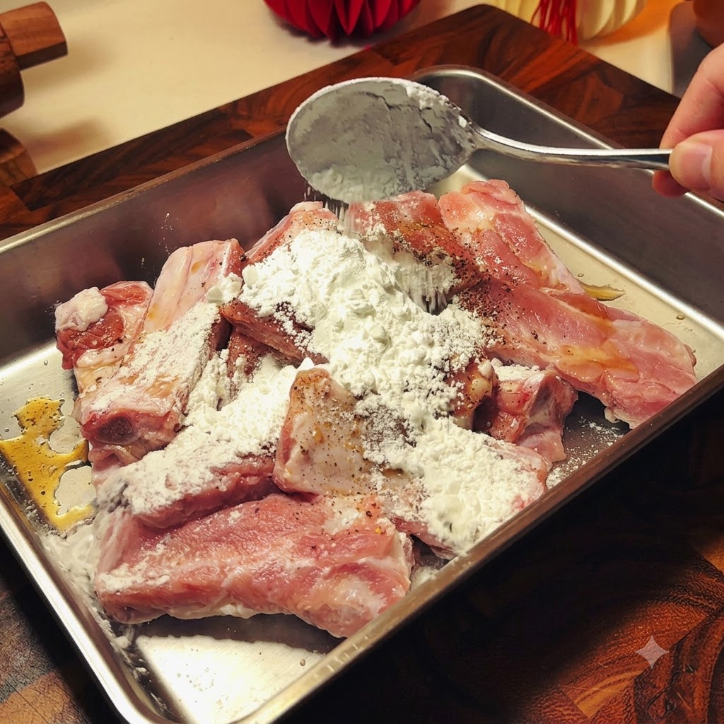 Añadiendo condimentos, fécula y un huevo sobre las costillas de cerdo crudas en una bandeja de metal.