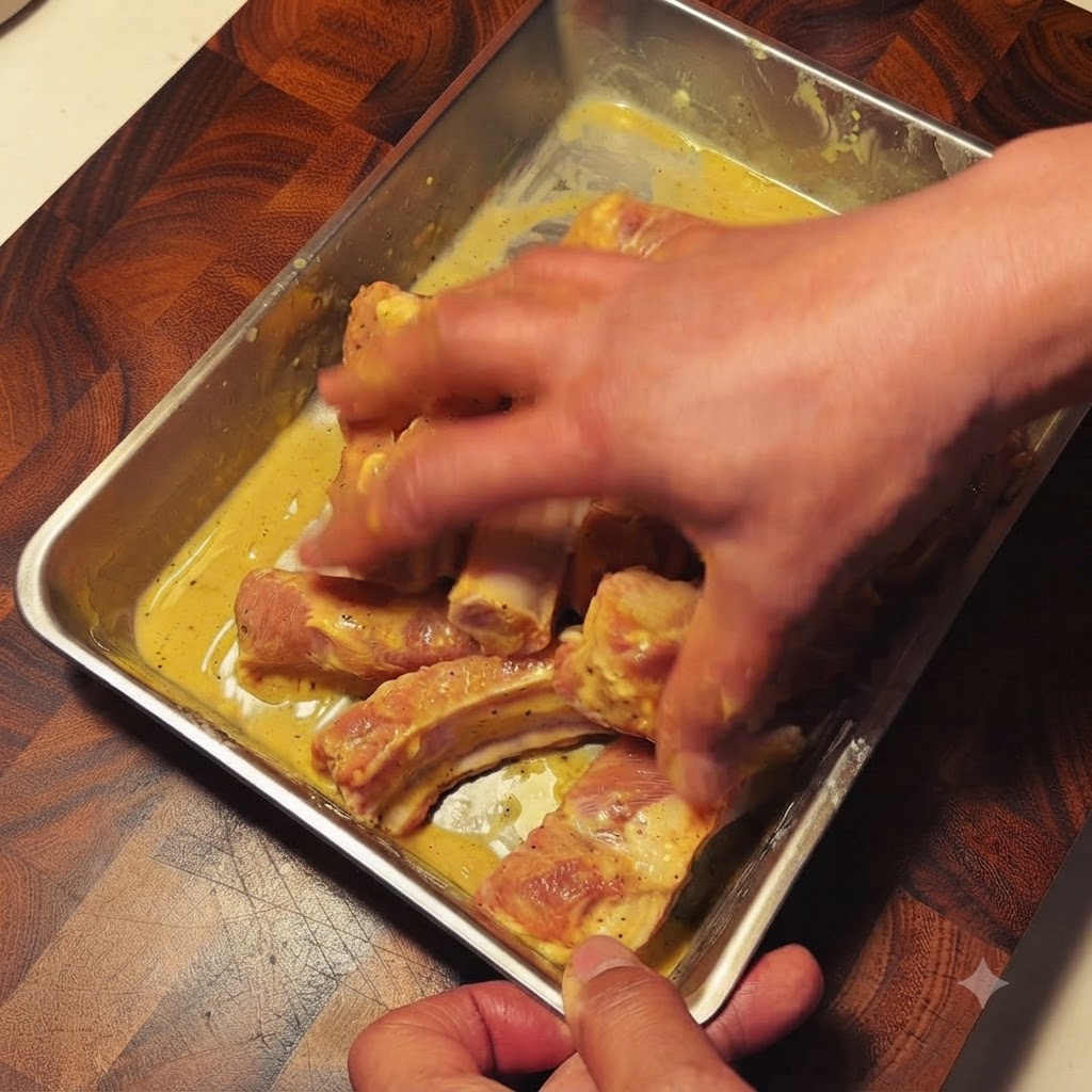 Manos mezclando a fondo los condimentos y los ingredientes con las costillas de cerdo.