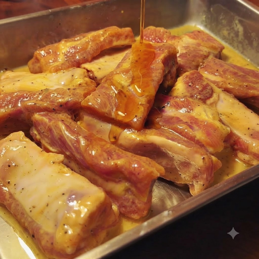 Vertiendo aceite de sésamo sobre las costillas de cerdo marinadas.