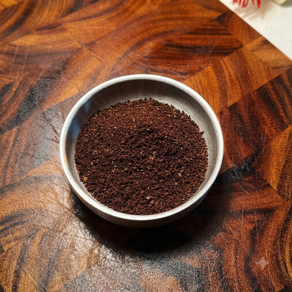 Café en grano recién molido vertiéndose desde un molinillo manual a un pequeño tazón de metal.