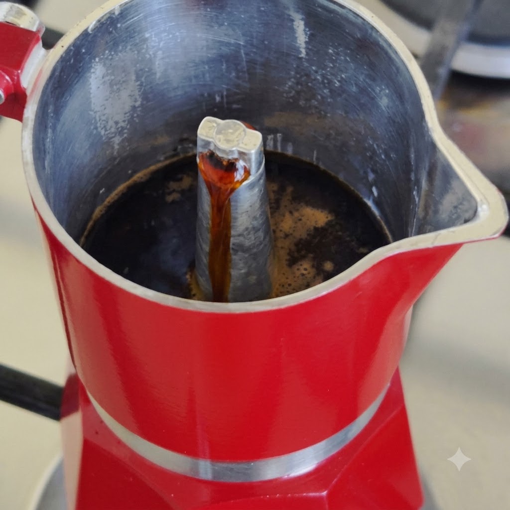 Café oscuro fresco infusionándose a través de la columna metálica central de una cafetera moka roja.