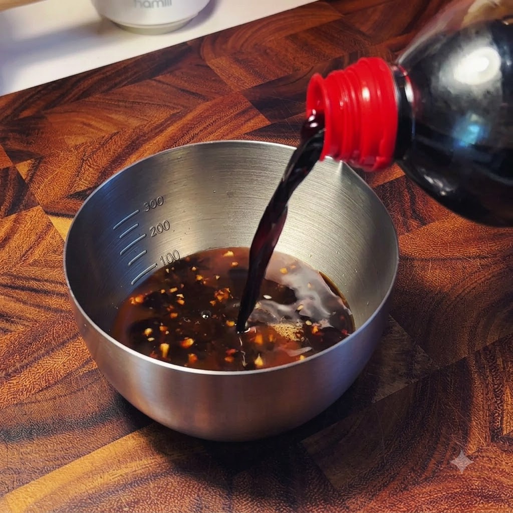Salsa de soja oscura vertiéndose desde una botella en un tazón de acero inoxidable lleno de líquido mezclado y condimentos.